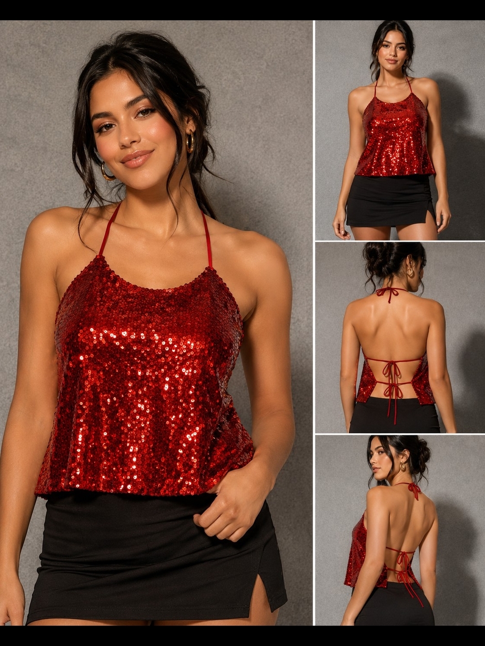 BUI YAH KAH Red Sequin Halter‎ Open Back Party Top Size M